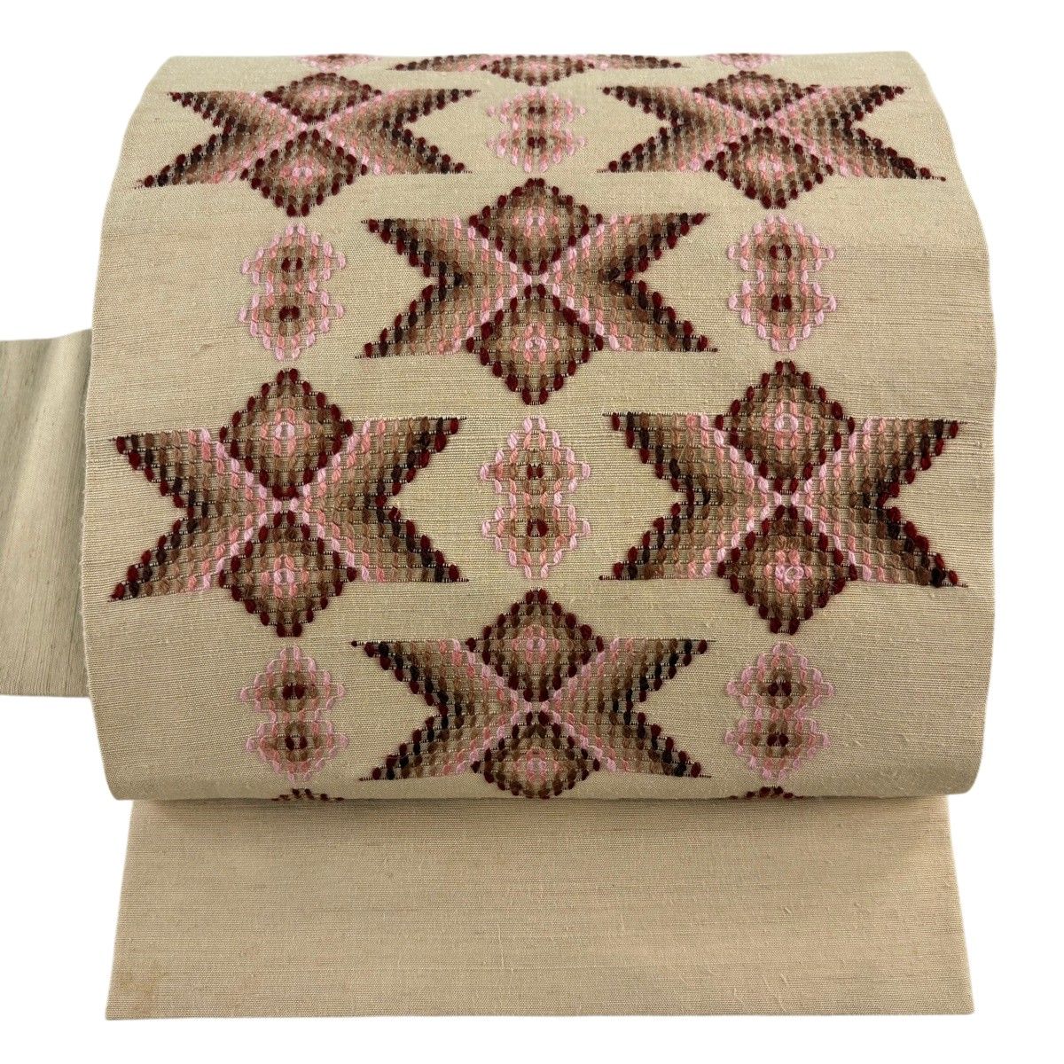 名古屋帯 逸品 幾何学 花織 ベージュ 正絹 【中古】