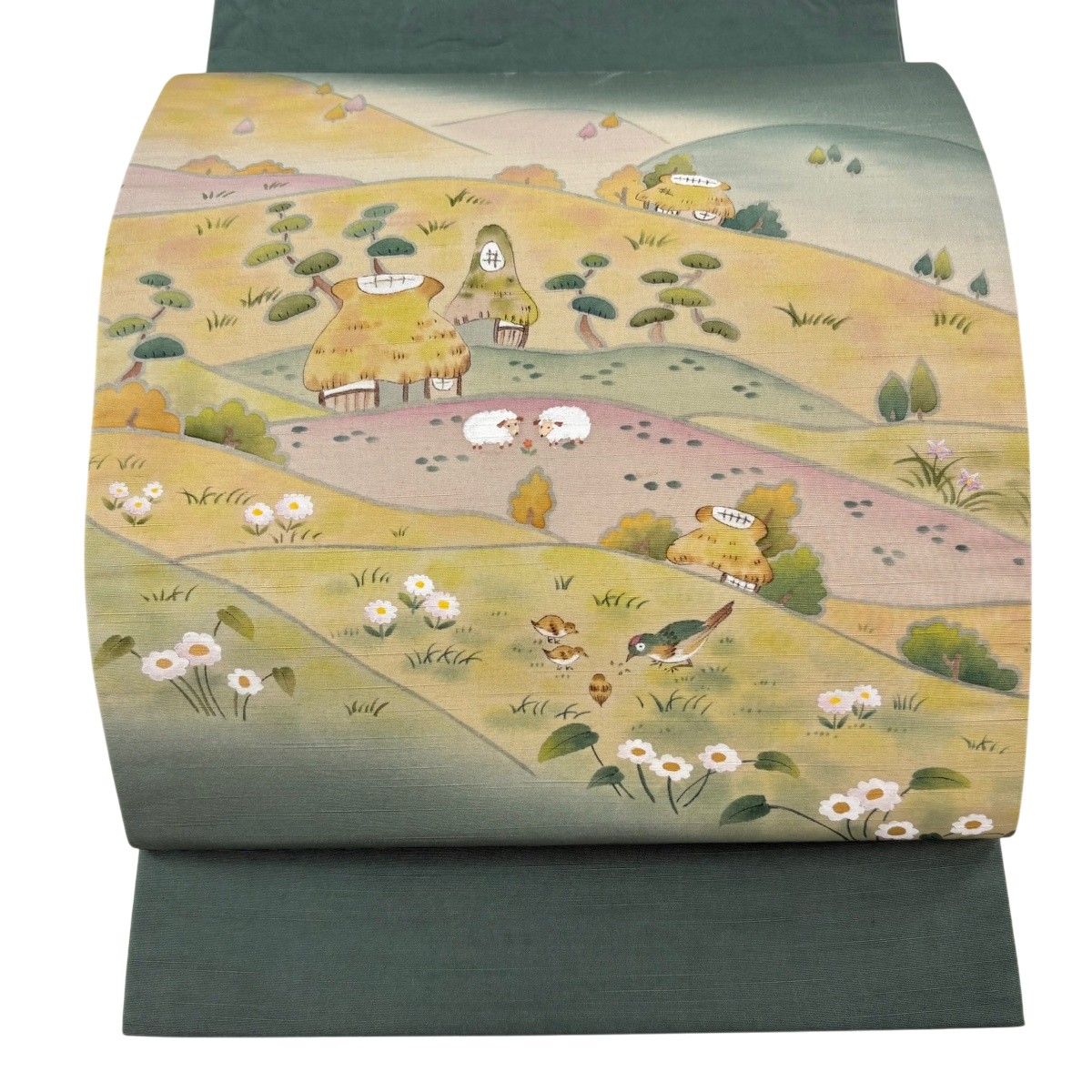 【美品】 袋帯 逸品 紬地 風景 動物 緑 お太鼓柄 正絹 【中古】