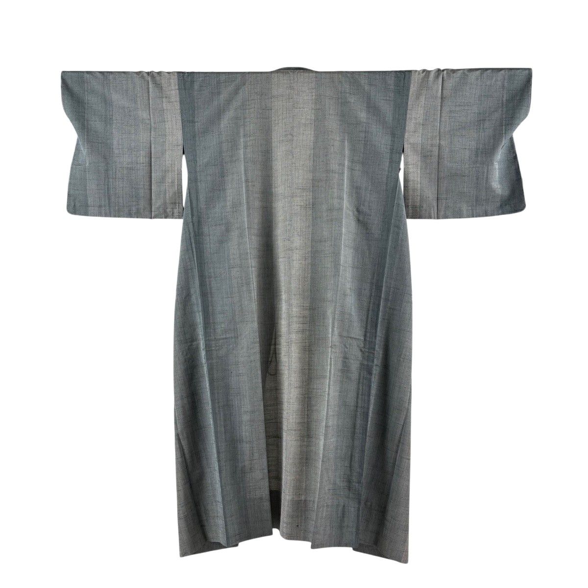【美品】 道中着 身丈140cm 裄丈69cm L 和装コート 紬地 縦縞 青灰色 正絹 逸品 【中古】