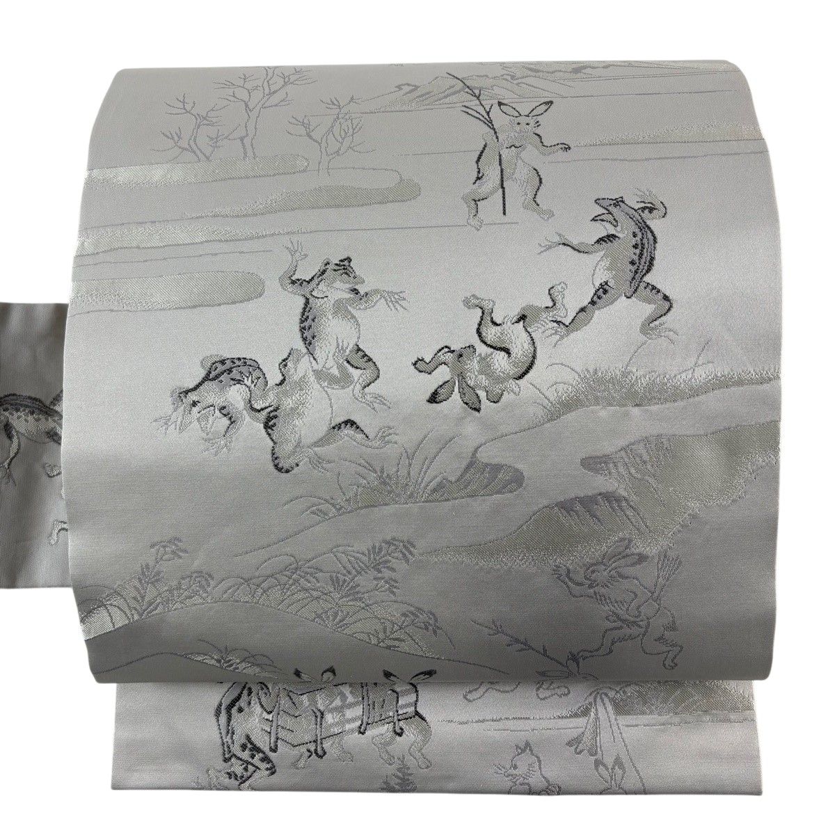 【美品】 名古屋帯 逸品 鳥獣戯画 鳥獣戯画 灰色 正絹 【中古】