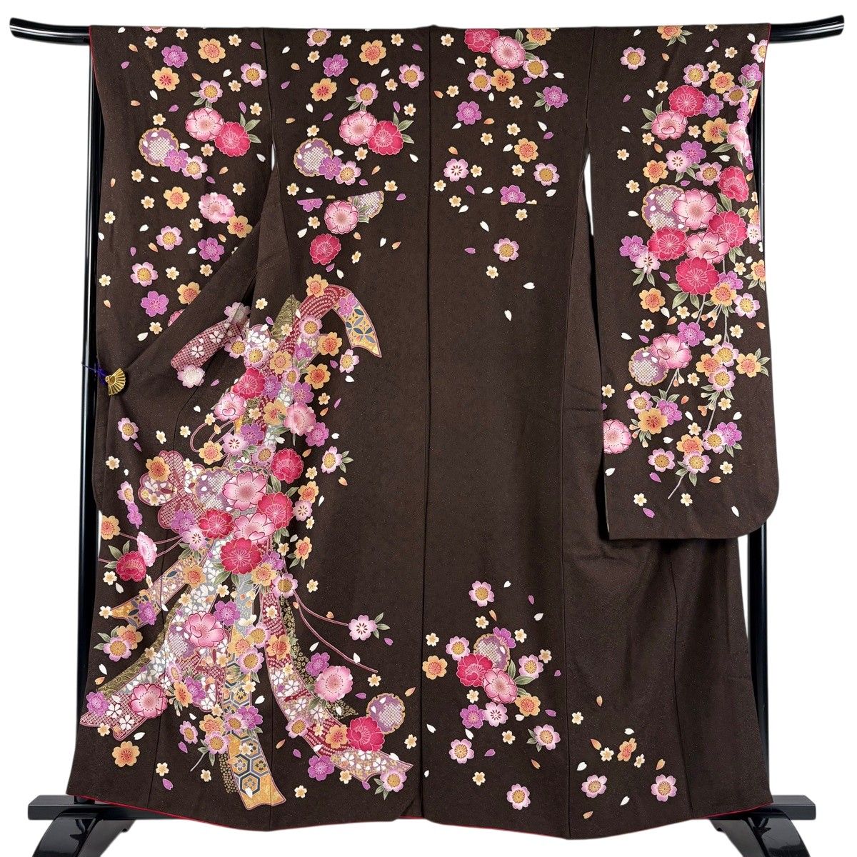 振袖 身丈160cm 裄丈67cm M 袷 桜 束ね熨斗 金通し 金糸 焦茶色 正絹 逸品 【中古】