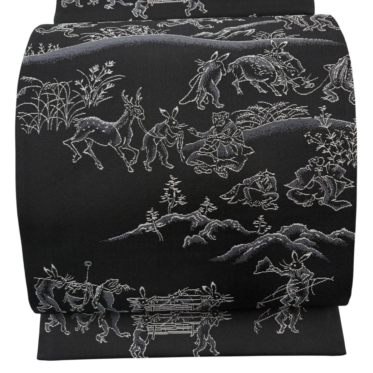 【美品】 袋帯 逸品 鳥獣戯画 黒灰 全通 正絹 【中古】