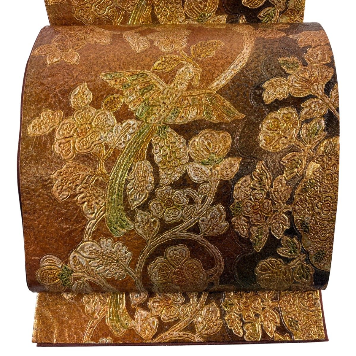 【美品】 袋帯 逸品 花喰鳥 花唐草 金彩 茶色 六通 正絹 【中古】