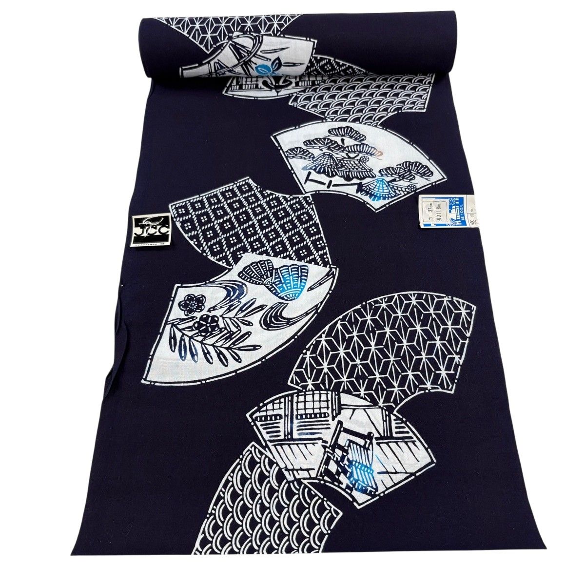 反物 優品 浴衣 扇面 梅 濃紺 綿 【中古】