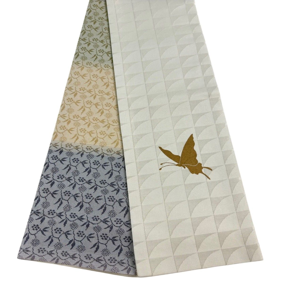 【美品】半幅帯 秀品 蝶 格子 金彩 クリーム 正絹 【中古】