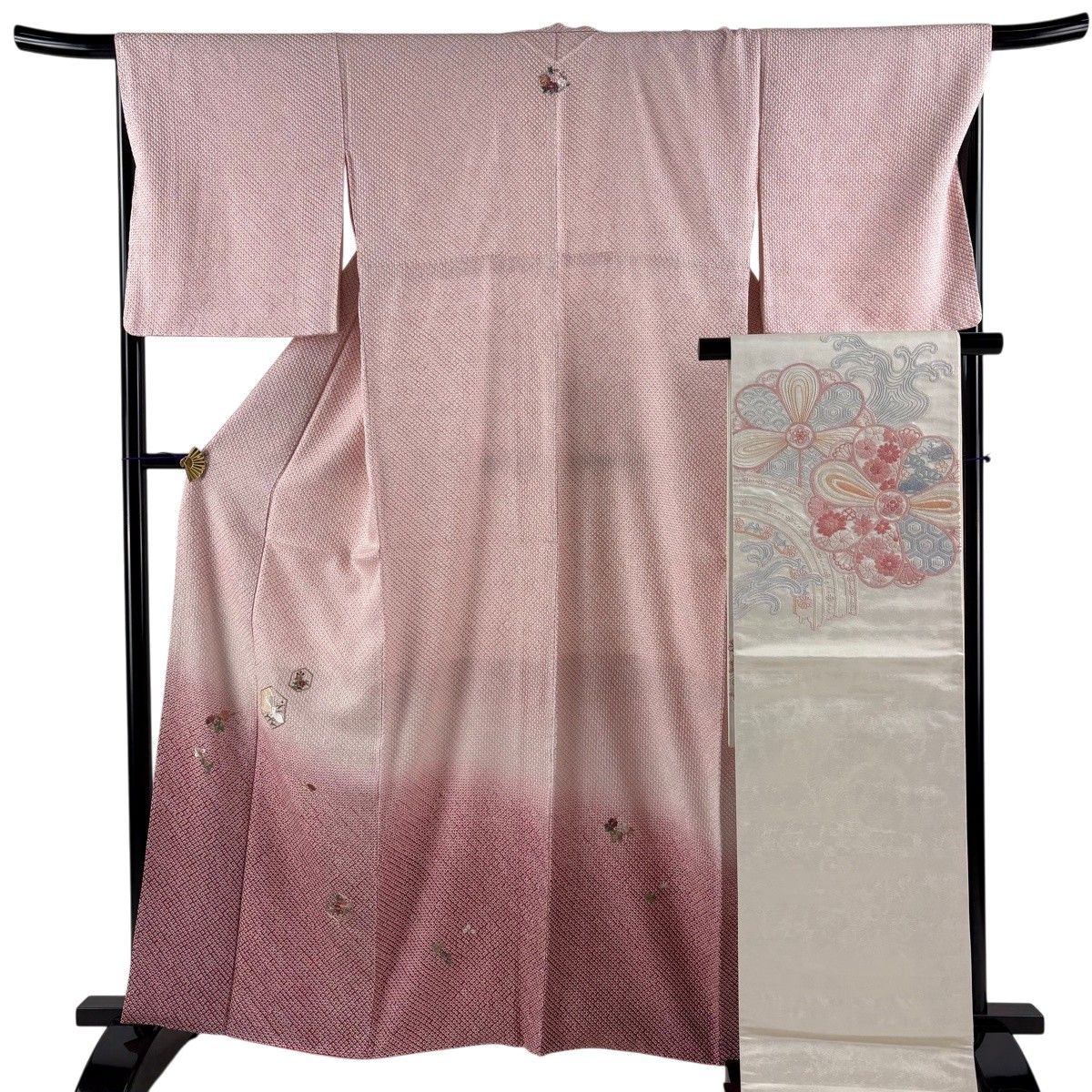 【美品】 付下げ 身丈164cm 裄丈67.5cm L 袷 袋帯セット 草花 うさぎ 刺繍 総絞り 薄ピンク 正絹 秀品 一つ紋 【中古】 15,392円