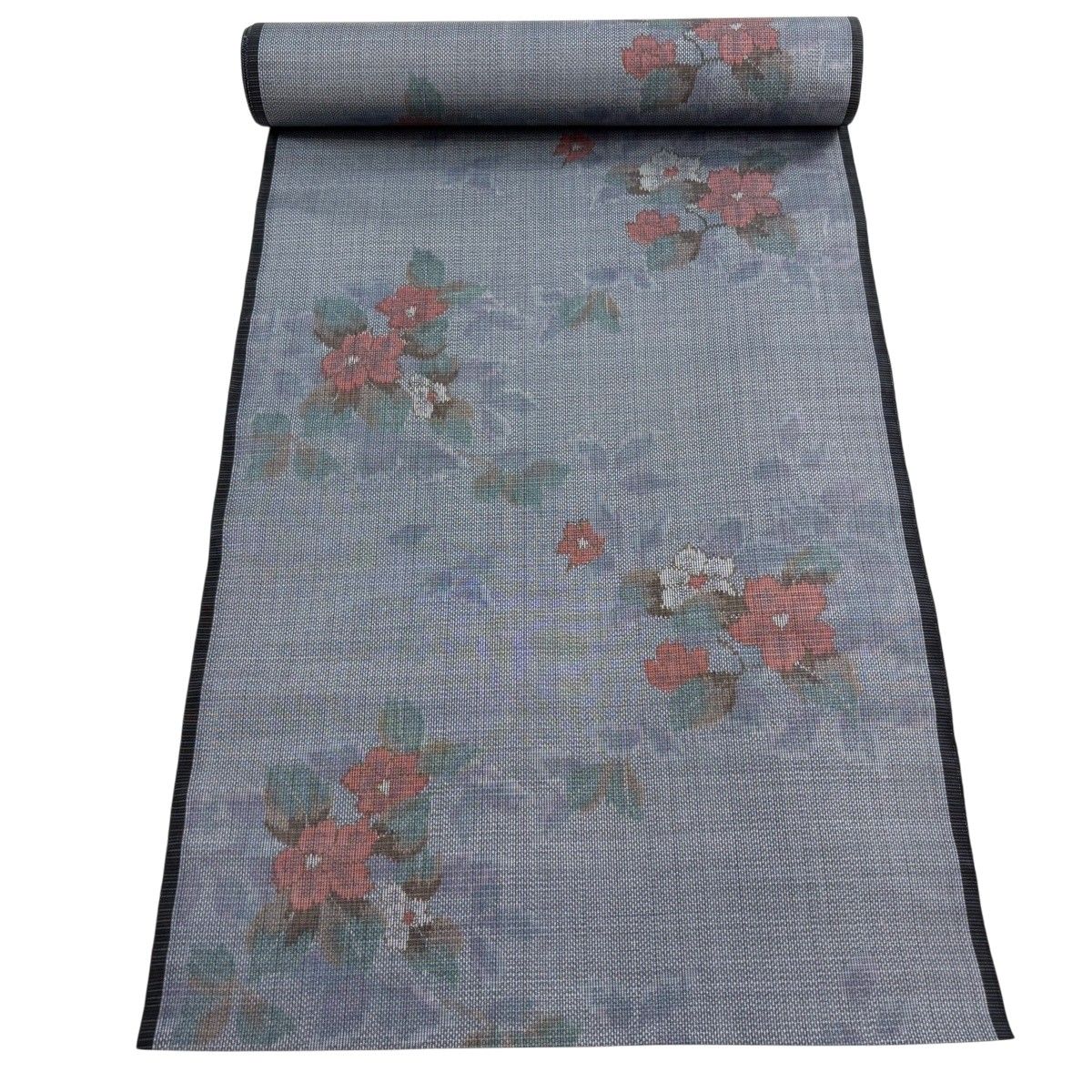 反物 秀品 紬 草花 青灰色 正絹 【中古】