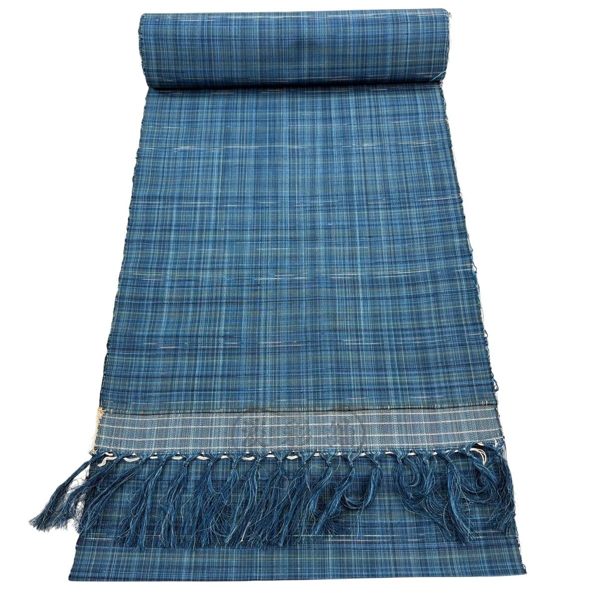 反物 秀品 紬 格子 青緑 正絹 【中古】