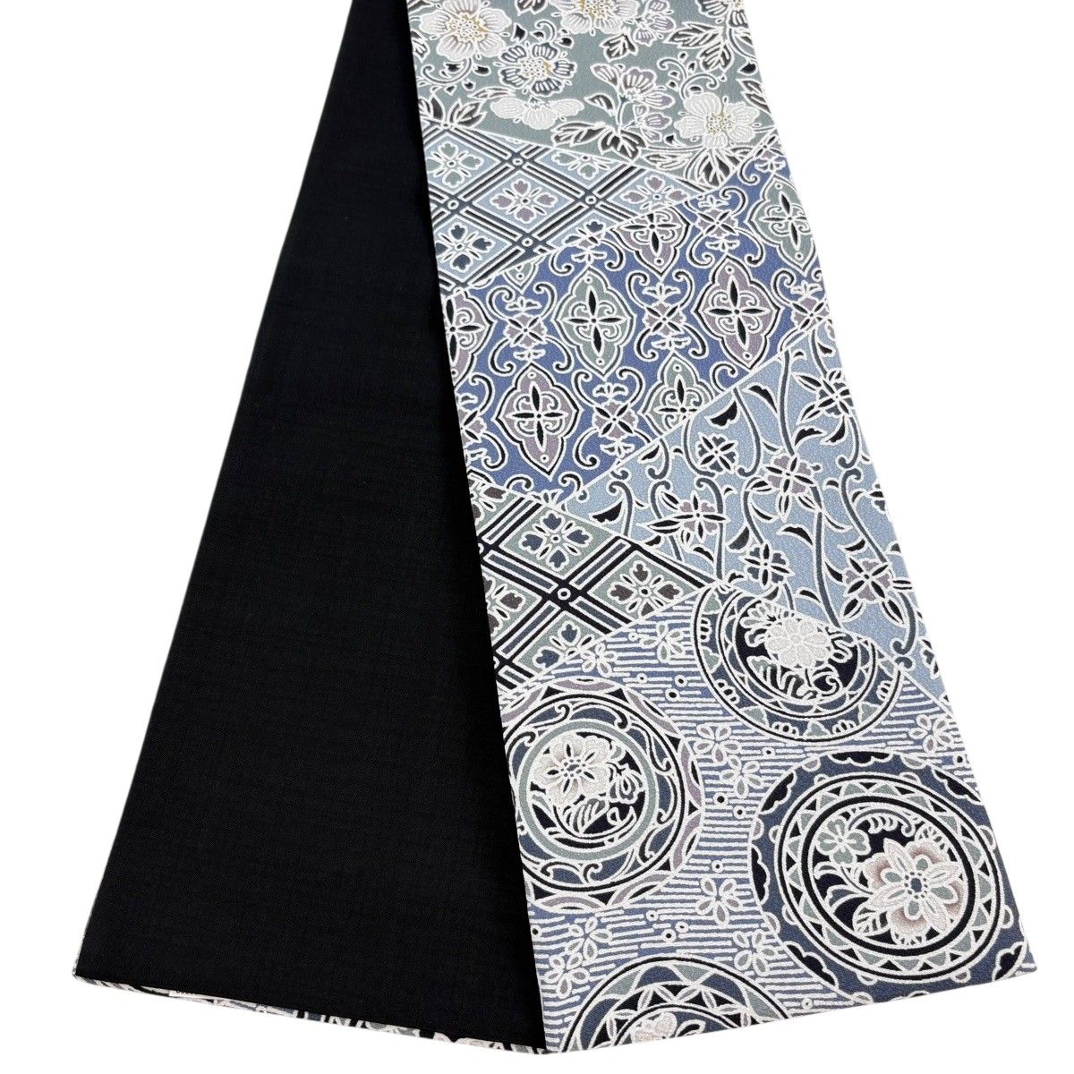 【美品】半幅帯 秀品 花唐草 菱 青灰色 正絹 【中古】