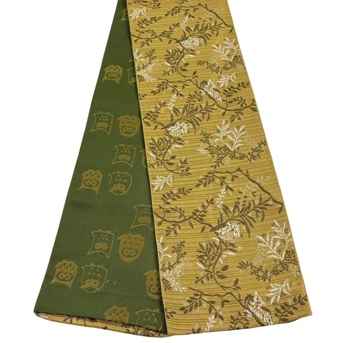 【美品】半幅帯 優品 葉と実 ミミズク 山吹茶色 化繊 【中古】