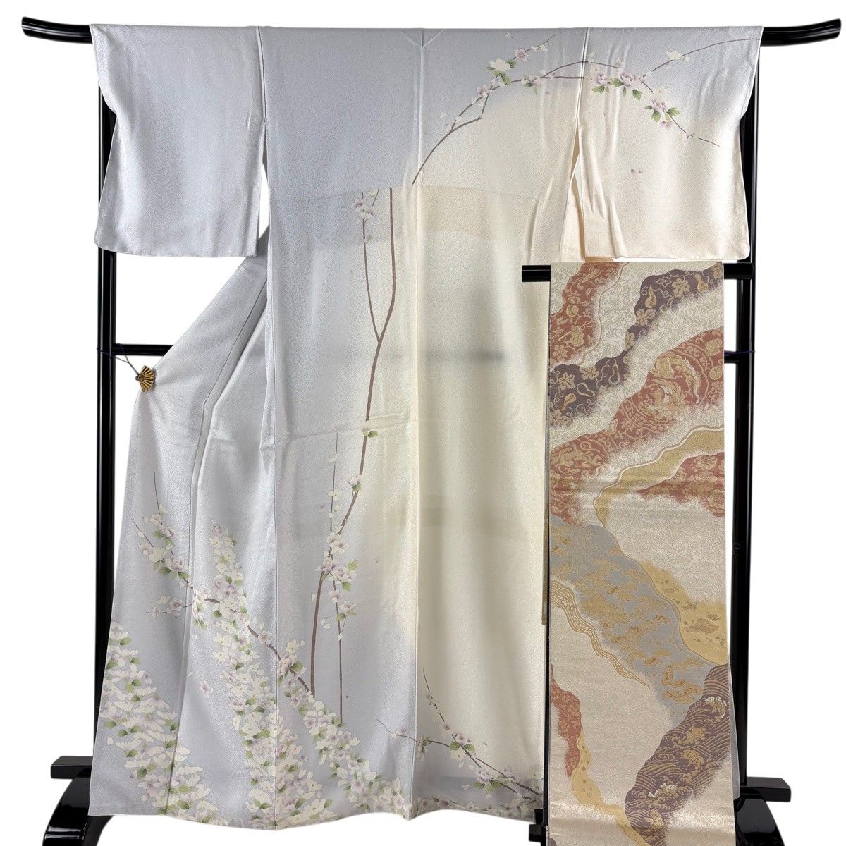 美品】 訪問着 身丈165.5cm 裄丈67cm M 袷 袋帯セット 草花 地紋
