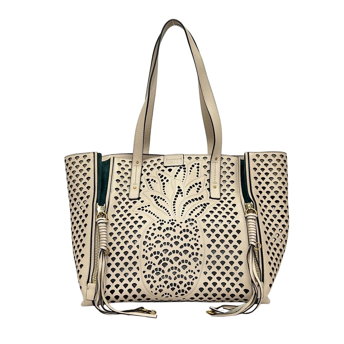 Chloe(クロエ) トートバッグ マイロ ベージュ×ブルーグリーン パイナップル/パーフォレーション加工/カットレザー レザー