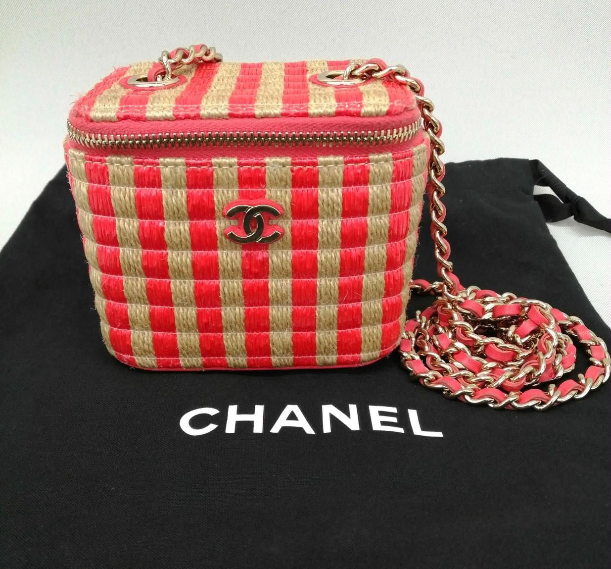 CHANEL ストライプ ミニバニティ チェーンショルダーバッグ レディース 