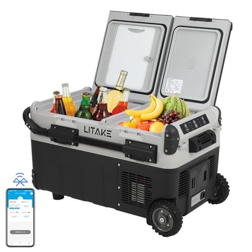 【新品】Litake(リテーク) 車載冷蔵庫 30L コンプレッサー式 バッテリー内蔵可能 -20℃?10℃ 急速冷凍 4Way電源対応 アプリ遠隔操作 2室独立温度制御 大容量 DC12V/24V AC100V 低電圧保護 静音 車載家庭両用 庫内灯付 ポー