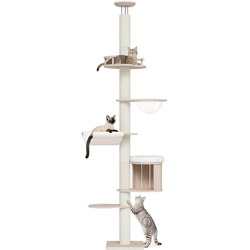 OROPY キャットタワー 突っ張り 木製 スリム 宇宙船ハンモック付き 多頭飼い 猫タワー 省スペース 運動不足解消 隠れ家 12cm極太爪とぎポスト 全綿縄巻き キャットツリー 220-271cm調整 0