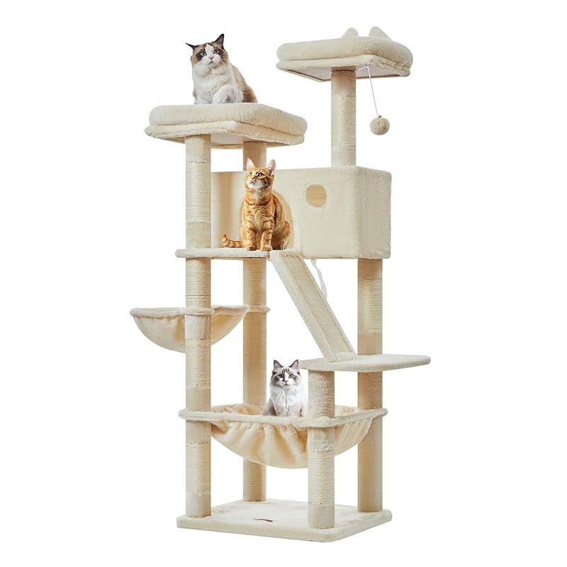 Taoqimiao 高さ約146cm キャットタワー 猫タワー キャットタワー 大型猫用 特大猫ハウス付き シザル爪研ぎポール8本 メタル猫ハンモック 2段トップパーチ MS026M ベージュ 0