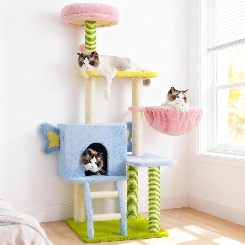 Heybly キャットタワー おしゃれ マカロンカラー 可愛いデザイン 据え置き型 猫タワー SNS映え 高さ135cm 猫用ハウス ハンモック 全面シサル巻き柱 高い安定性 装飾性ペット家具 HCT900BP 0