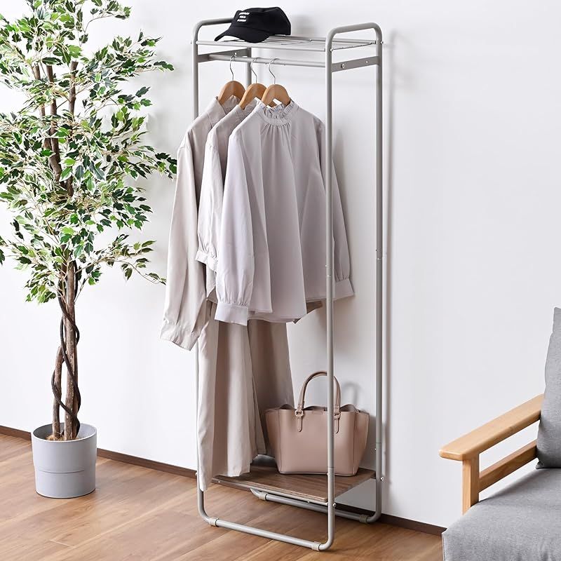 山善(YAMAZEN) ハンガーラック スリム 棚付き コートハンガー 幅51×奥行30.5×高さ161cm 全体耐荷重25kg 衣類収納 シンプル 一人暮らし 組立品 ダークオーク/マットグレージュ GHR-50(DOK/MGG) 0