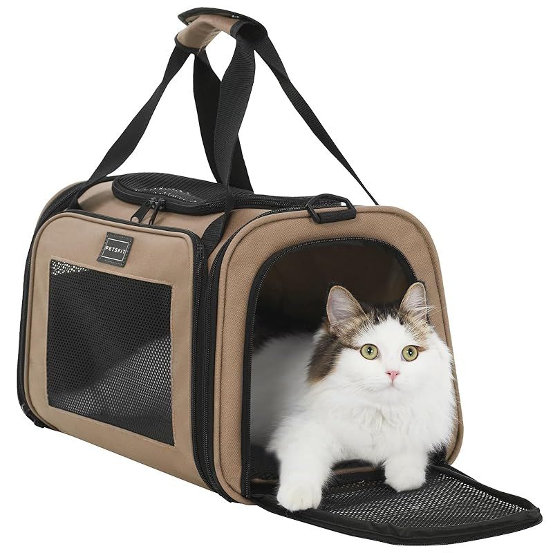 Petsfit ペットキャリーバッグ 猫・小型犬対応 猫キャリーバッグ 折りたたみ 軽量＆通気性メッシュ 手提・肩掛け・スーツケース 飛び出し防止リード付き 旅行/通院/災害避難/電車移動に カーキ Sサイズ 0