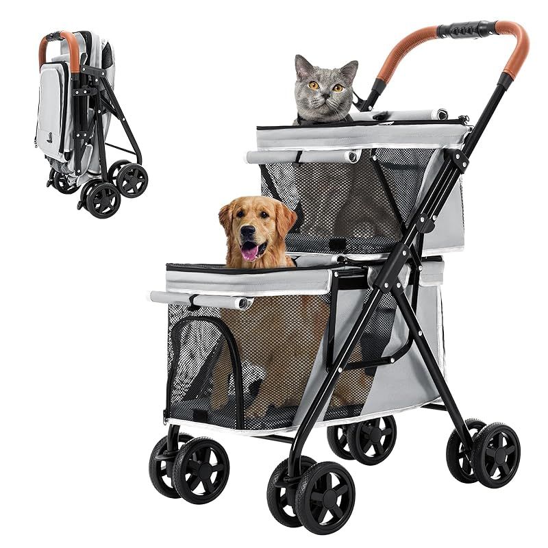LPOTIUS ペットカート 多頭 上下2段式 ペットバギー ワンタッチ 折りたたみ 犬用ベビーカー コンパクト 収納便利 4輪 前輪360°回転 後輪ブレーキ付き 軽量 犬用カート 小型犬 中型犬 犬猫兼用 耐荷重20KG 上段8KG 下段12KG 多頭 0