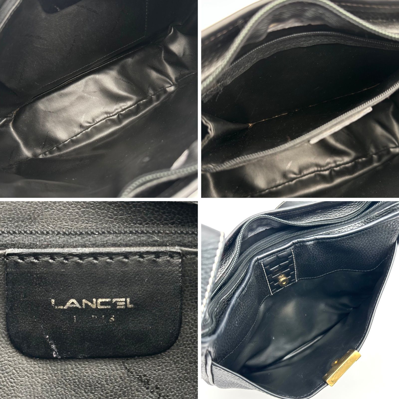 B5446】 LANCEL ランセル ショルダーバッグ レザー ブラック クロス 