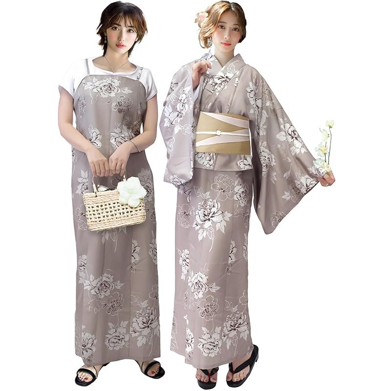 【新品】 [Aletta domani] 浴衣セット 変わり織 ワンピース 3点セット(羽織 ワンピース リバーシブル帯) 簡単 可愛い オシャレ 半幅帯 古典柄 花火大会 お祭り グレー 灰色 花柄