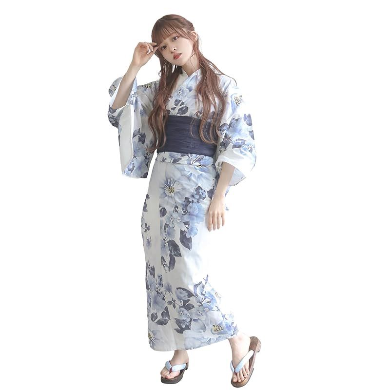 【新品】 [KYOETSU] [キョウエツ] 浴衣セット 変わり織 二部式 2点セット(浴衣、兵児帯) レディース AB (アイスフラワー, フリーサイズ)