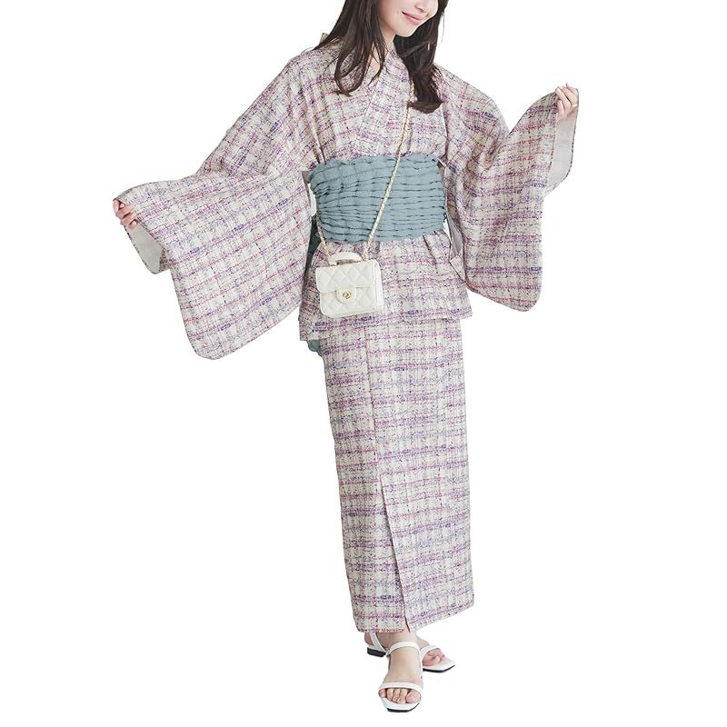 【新品】 [神戸レタス] 浴衣 ワンピース浴衣 二部式 帯セット レディース 夏祭り 花火 セパレート浴衣 簡単 着付け不要 [X47H] M トールバックオープン Fツイード柄