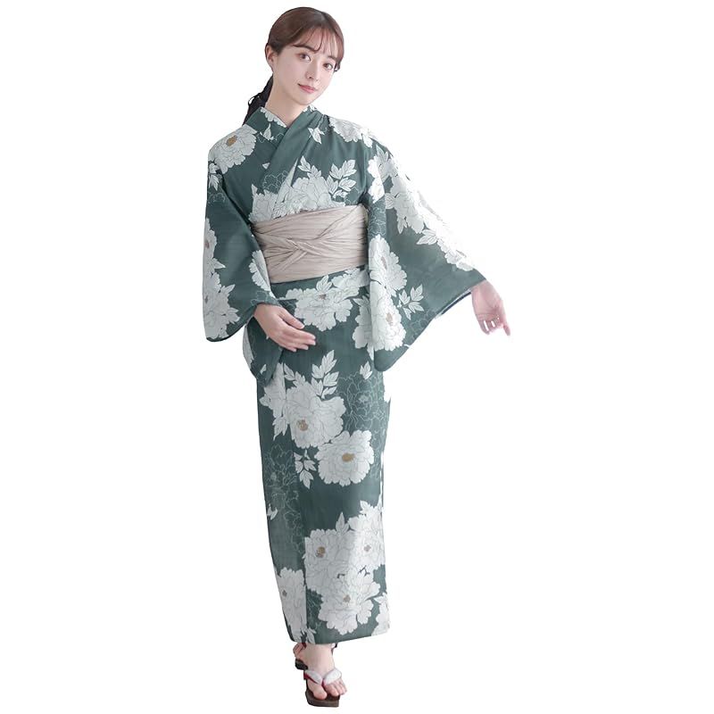 【新品】 [KYOETSU] [キョウエツ] 浴衣セット 変わり織 二部式 2点セット(浴衣、兵児帯) レディース AB (緑陰古典牡丹, フリーサイズ)