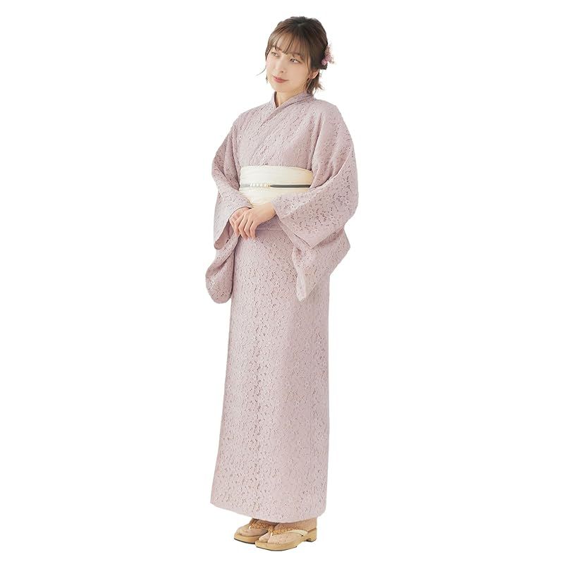 【新品】 [NISHIORI] レース 夏着物 浴衣 2点セット (ゆかた/しわふわ 兵児帯) くすみピンク 白 オフホワイト クリーム 上品 きれいめ 大人の浴衣 セット (PINK)