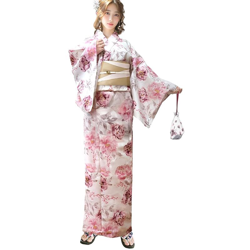 【新品】 [Aletta domani] 浴衣 レディース 2点セット 浴衣帯 セット 半幅帯 リバーシブル 綿100％ 古典柄 花火大会 綾の花 生成 茶 ベージュ