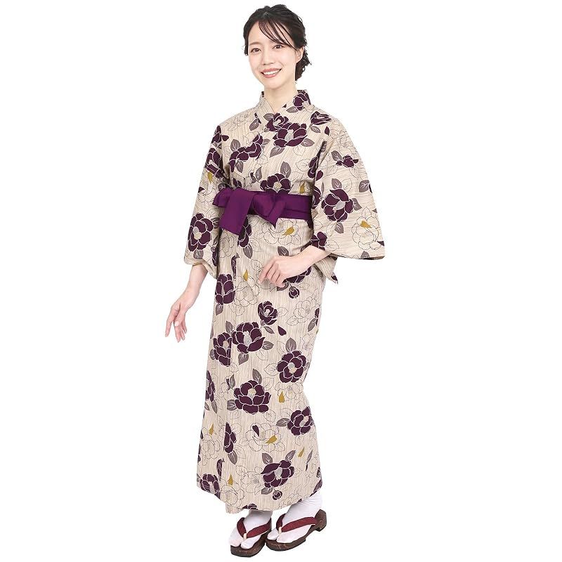 【新品】 [Fuuka] 旅館浴衣 帯 2点セット リネン浴衣 レディース 大きいサイズ 業務用 寝巻き 温泉浴衣 おしゃれ 色みやび 帯付き （凛椿/紫）Sサイズ