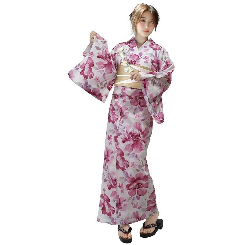 【新品】 [Aletta domani] 浴衣 レディース 2点セット 浴衣帯 セット 半幅帯 リバーシブル 綿100％ 古典柄 花火大会 宵桃牡丹 ベージュ アイボリー