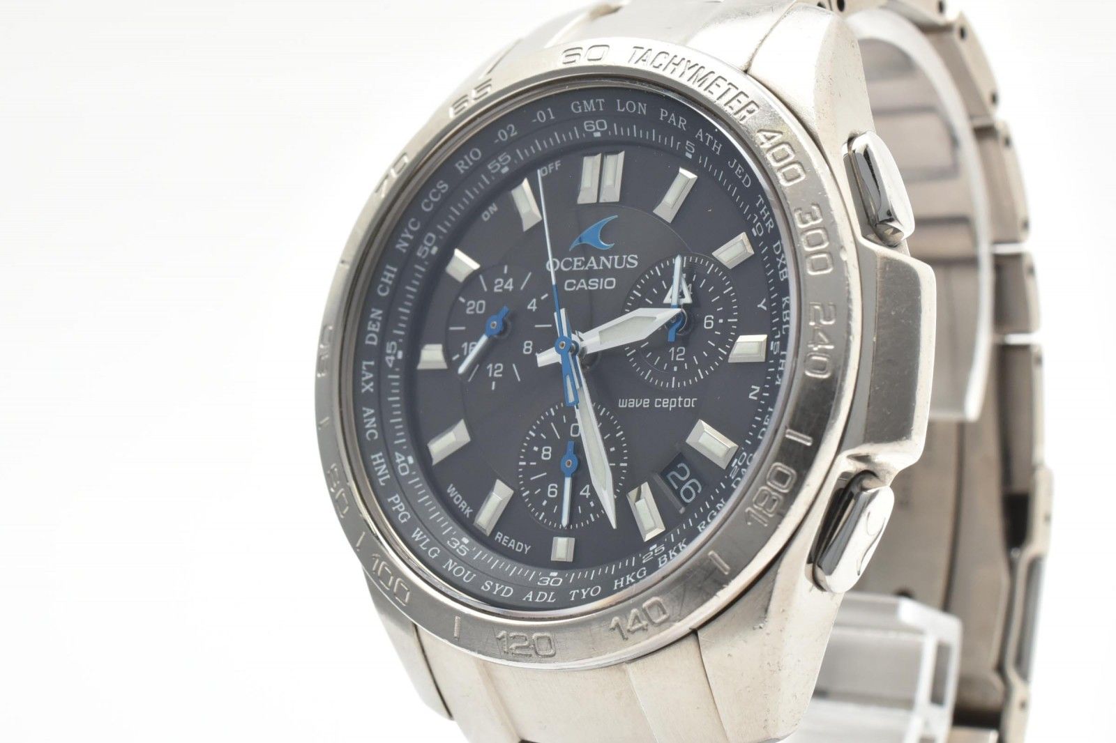 カシオ CASIO OCEANUS OCW-600 電波ソーラー クロノグラフ メンズ腕時計 チタン ブラック文字盤 オシアナス