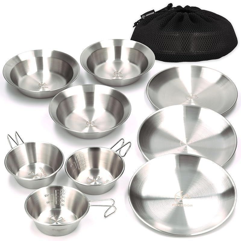 【新品】 FOXDOOR アウトドア 食器セット 3枚組セット 4枚組セット シェラカップ コンパクト 収納 ステンレス キャンプ バーベキュー ファミリー (各3点（計9点セット）)