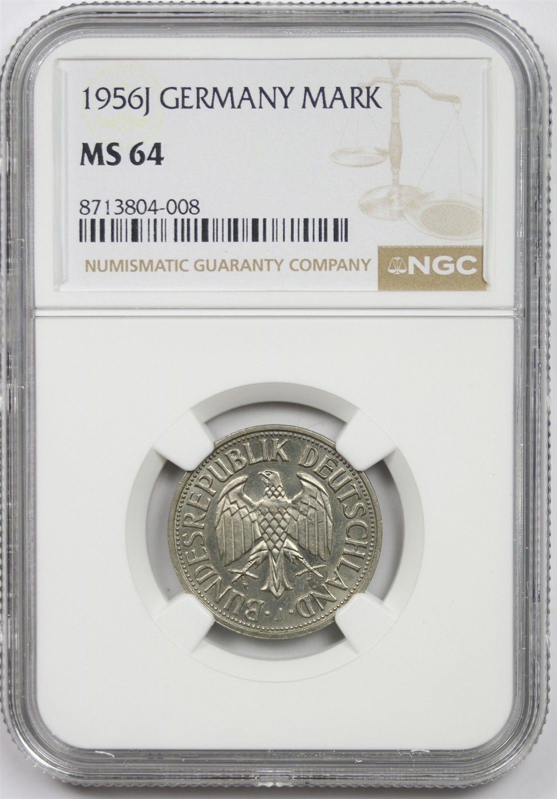 1956-J Germany 1 Deutsche Mark - NGC MS 64 - Hamburg Mint