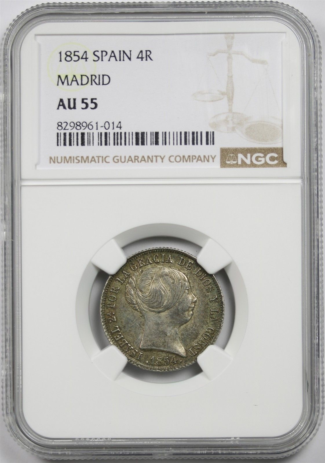 1854 Spain 4R NGC AU 55 MADRID Silver 4 Reales