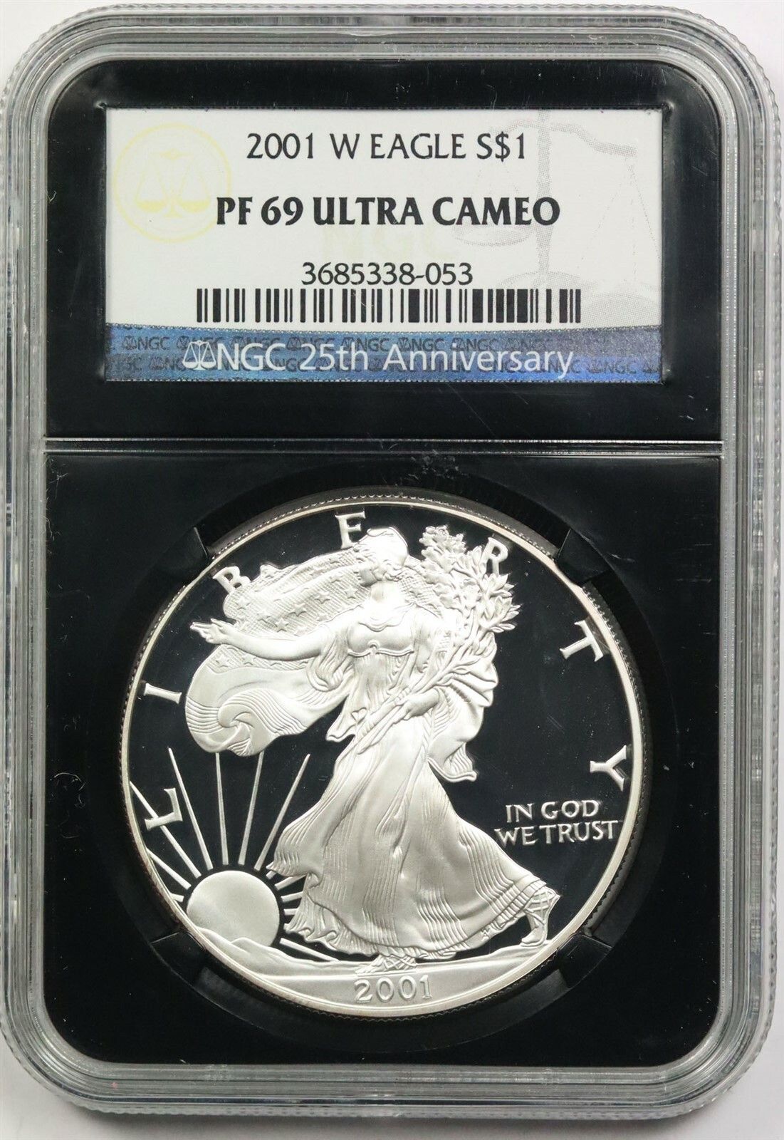 2001-W Silver Eagle PF 69 Ultra Cameo $1 NGC *Black Retro Slab* 25th Anniversary