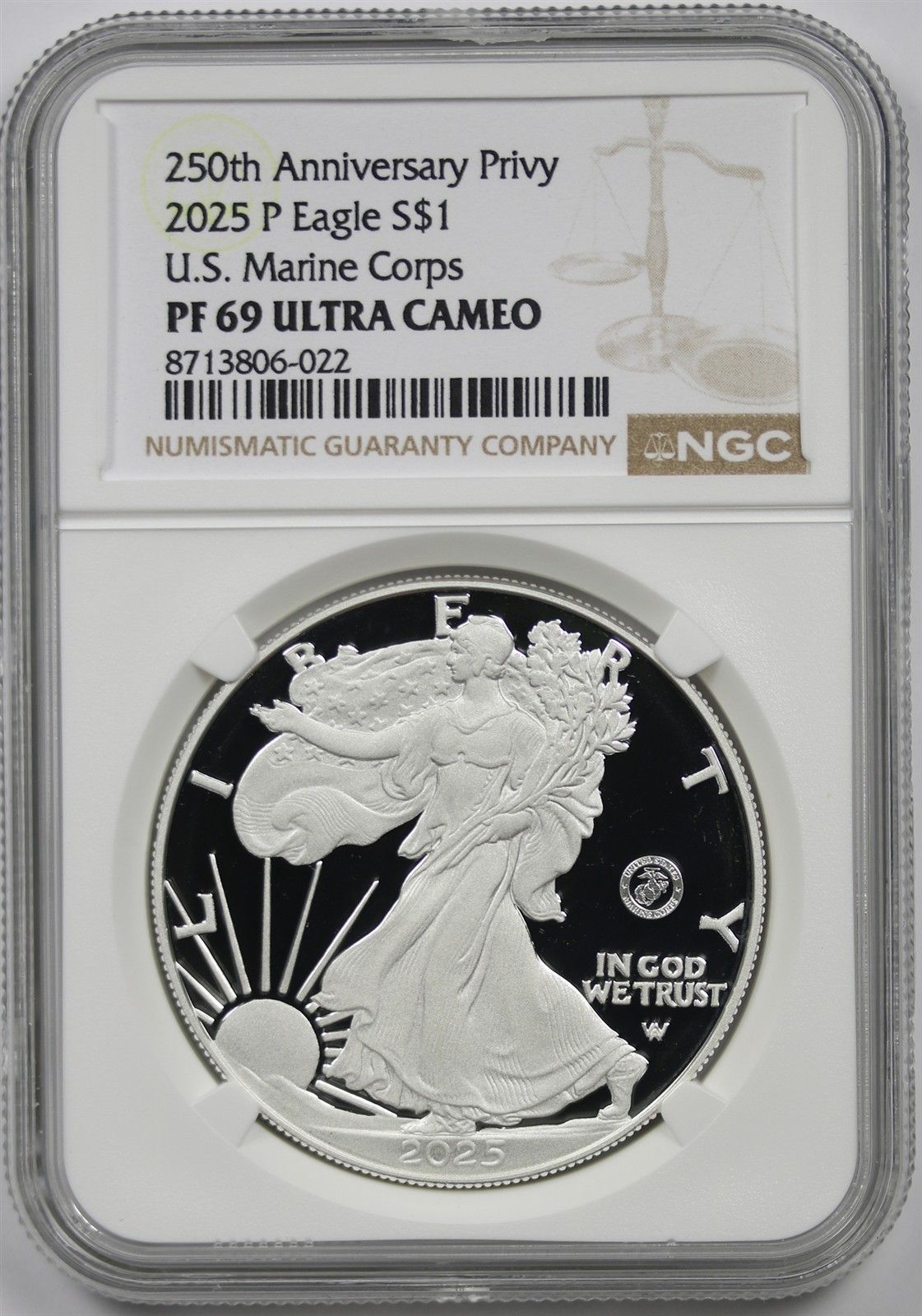 2025-P American Silver Eagle $1 Marine Privy NGC PF 69 UCAM 250th Anniversary
