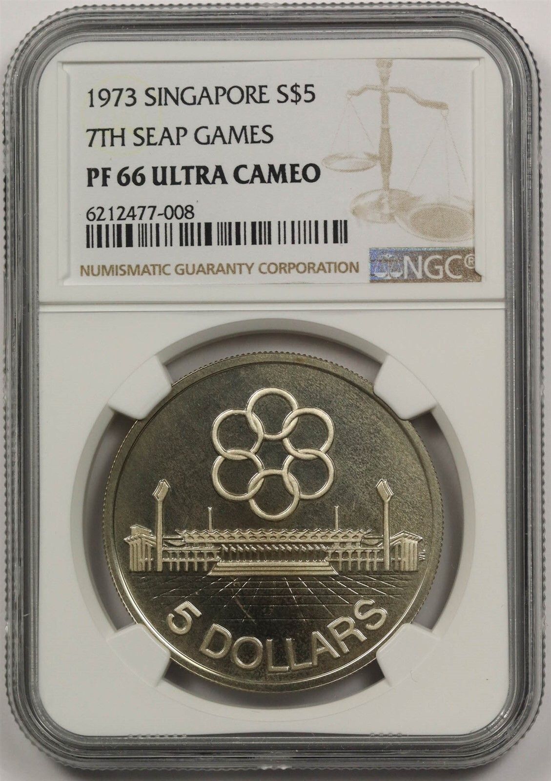 1973 Singapore Silver $5 NGC PF 66 Ultra Cameo 7th Seap Games