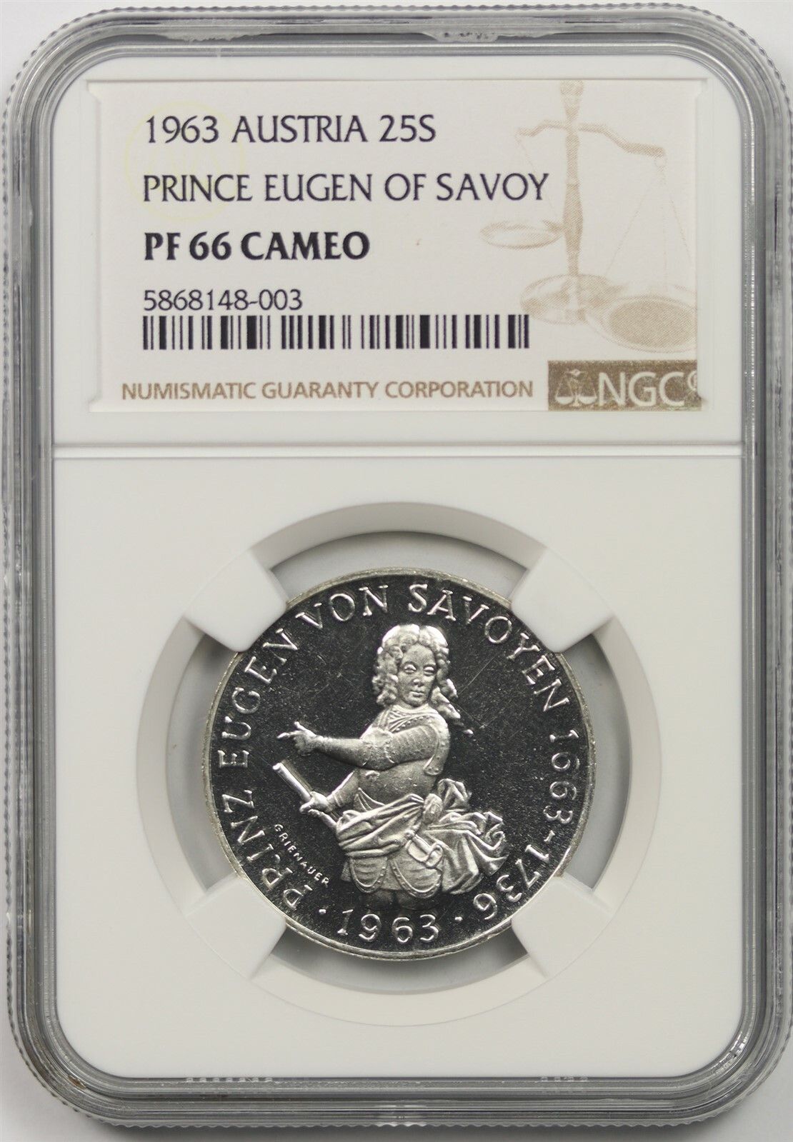 1963 Atria 25S NGC PF 66 Cameo (Prince Eugen of Savoy) Silver 25 Schilling
