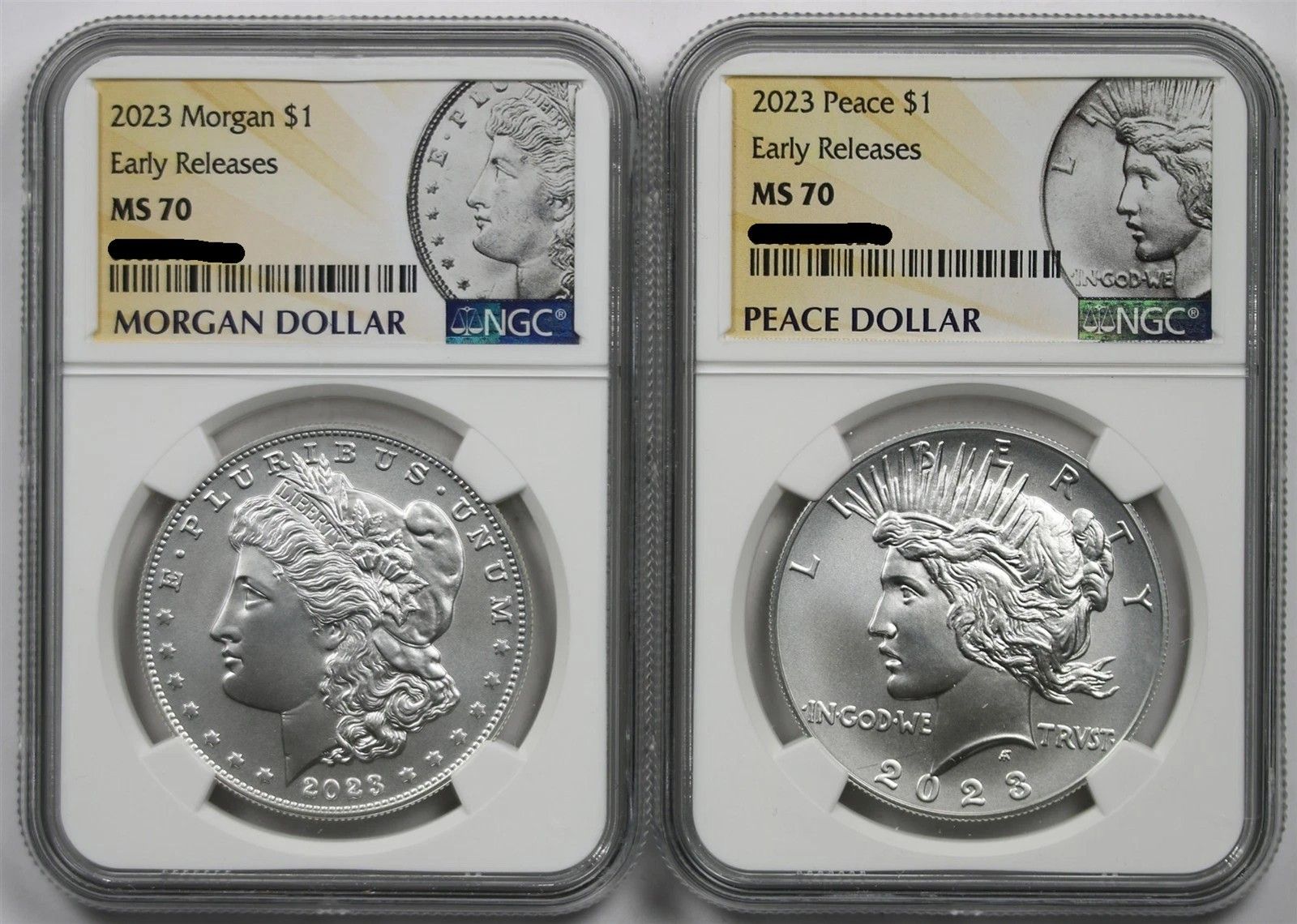 2023 $1 Morgan Peace Silver Dollar 2pc Set NGC MS70 E/R Morgan Peace Label