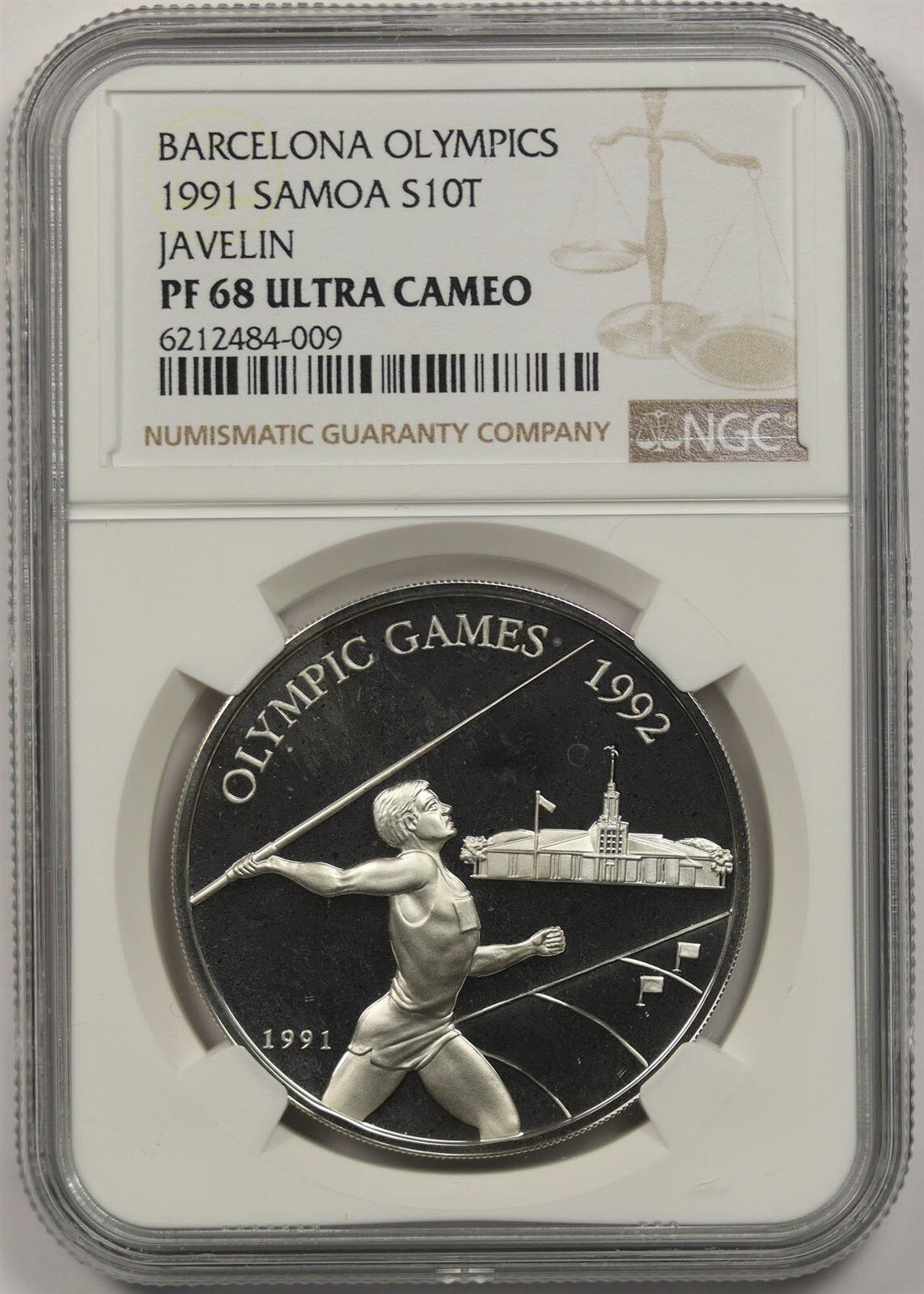 1991 Samoa Javelin S10T NGC PF 68 Ultra Cameo Silver 10 Tala Barcelona Olympics