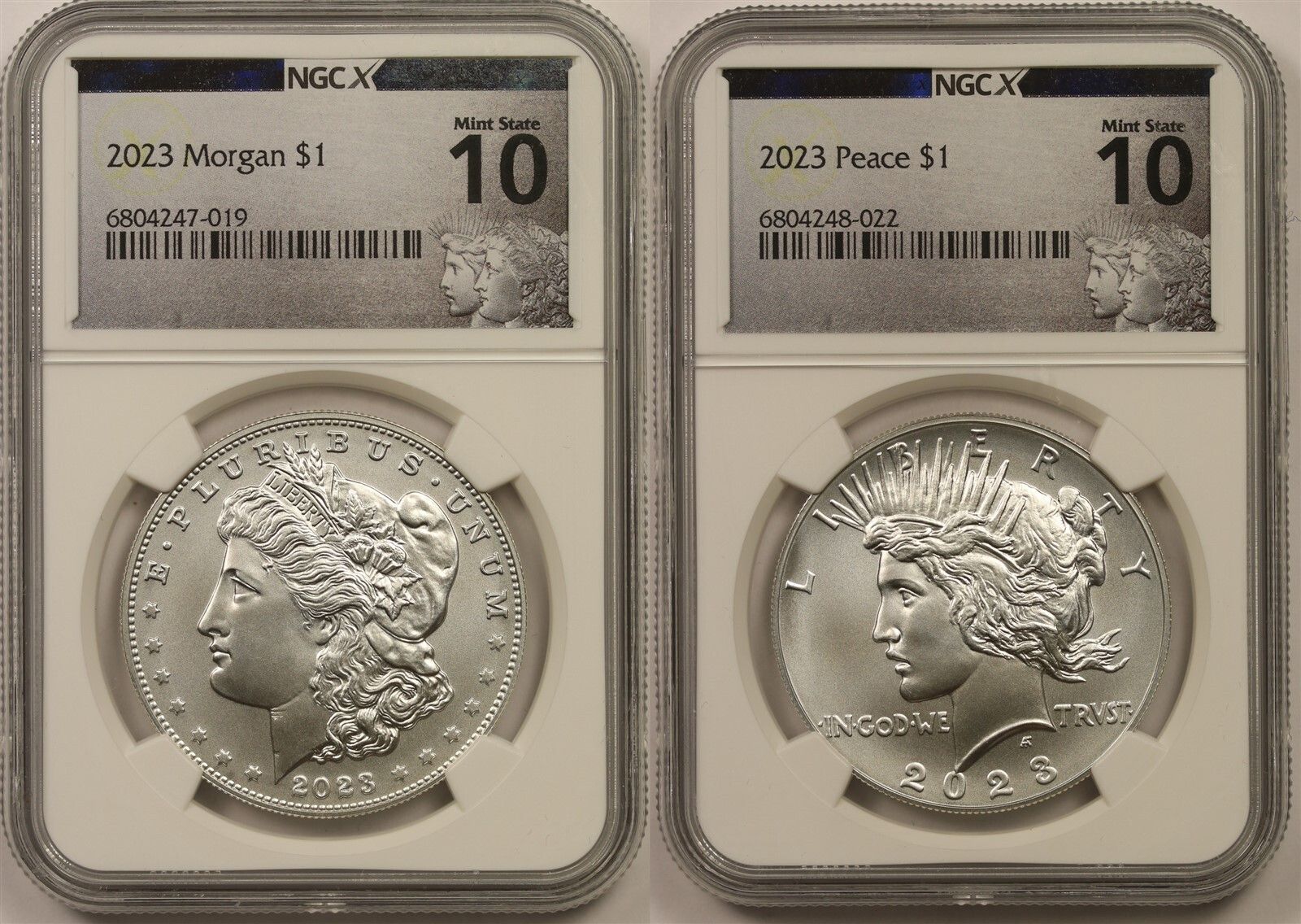 2023 $1 Morgan Peace Silver Dollar 2pc Set NGCX Mint State 10 Morgan Peace Label
