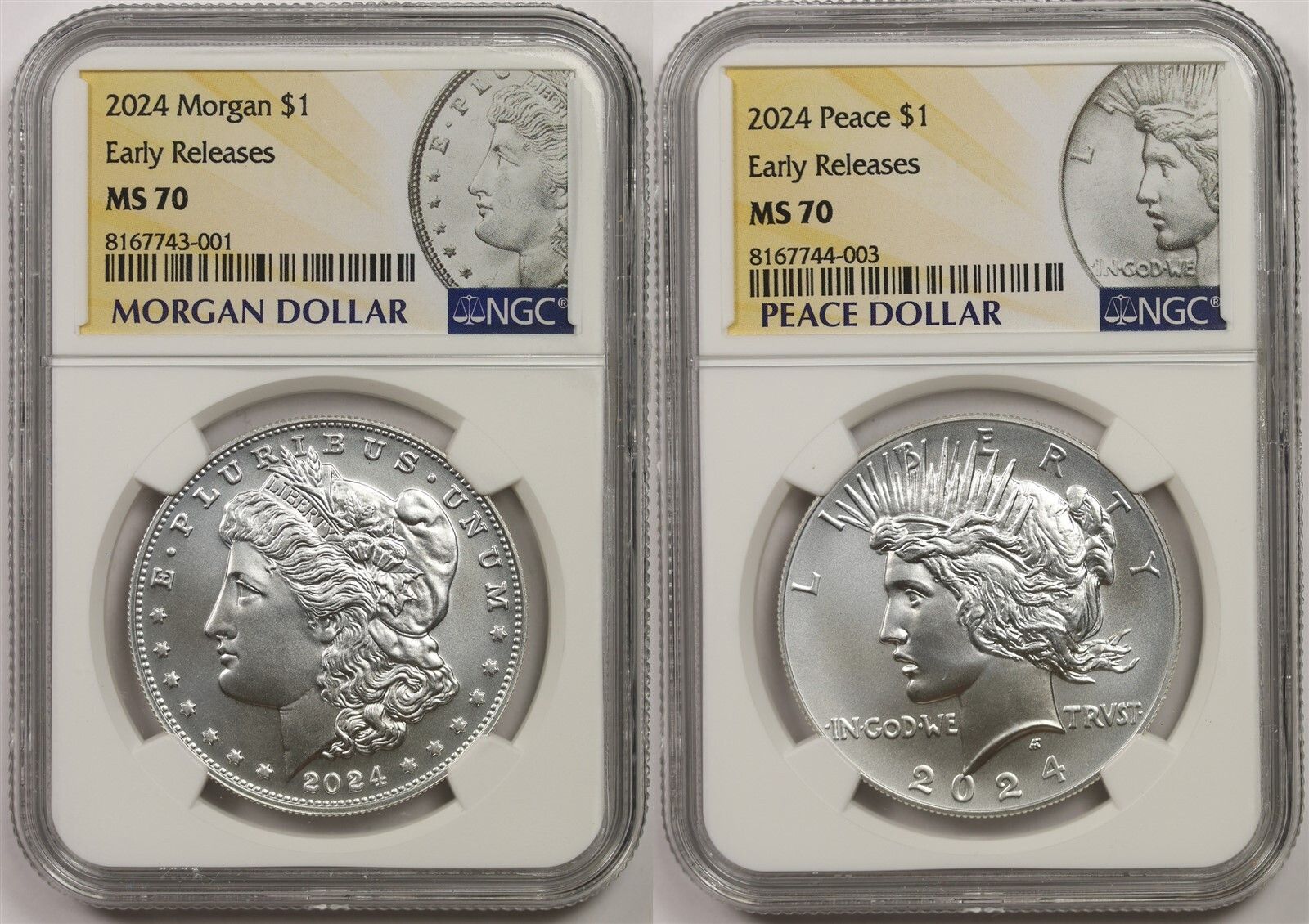 2024 $1 Morgan Peace Silver Dollar 2pc Set NGC MS70 E/R Morgan Peace Label