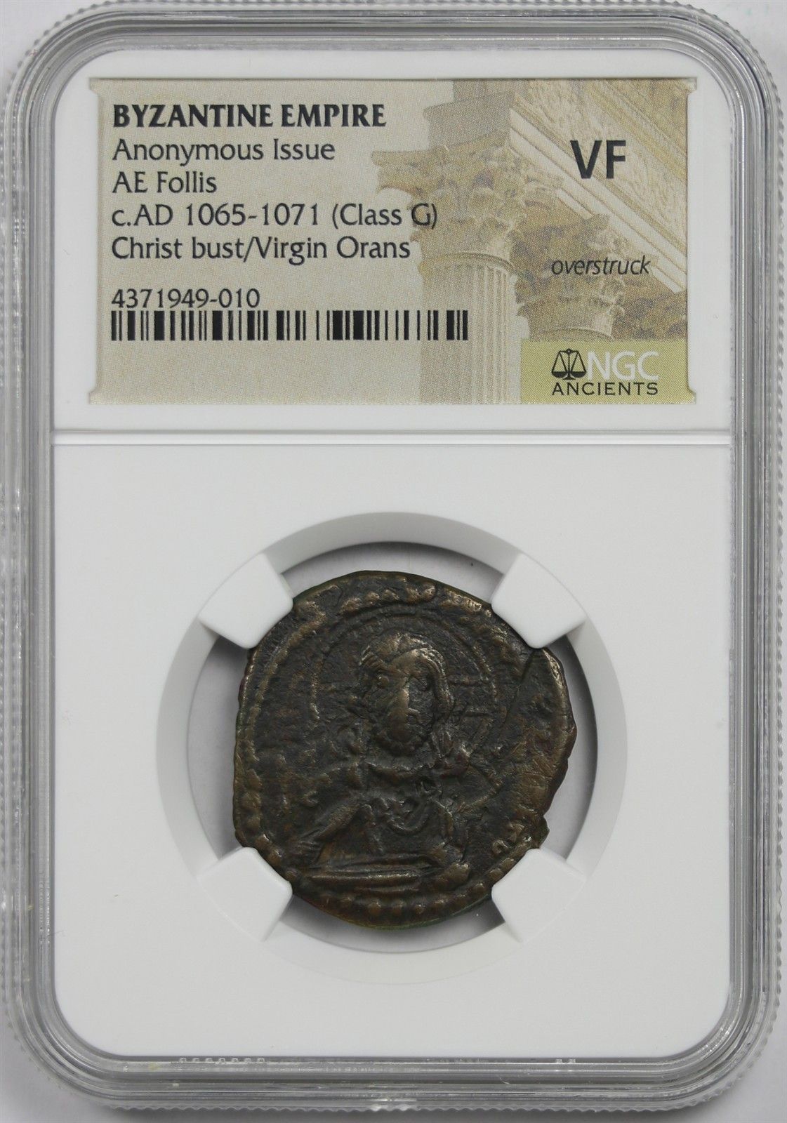 Byzantine Empire AE Follis Christ/Virgin Orans NGC VF Ancient Overstruck