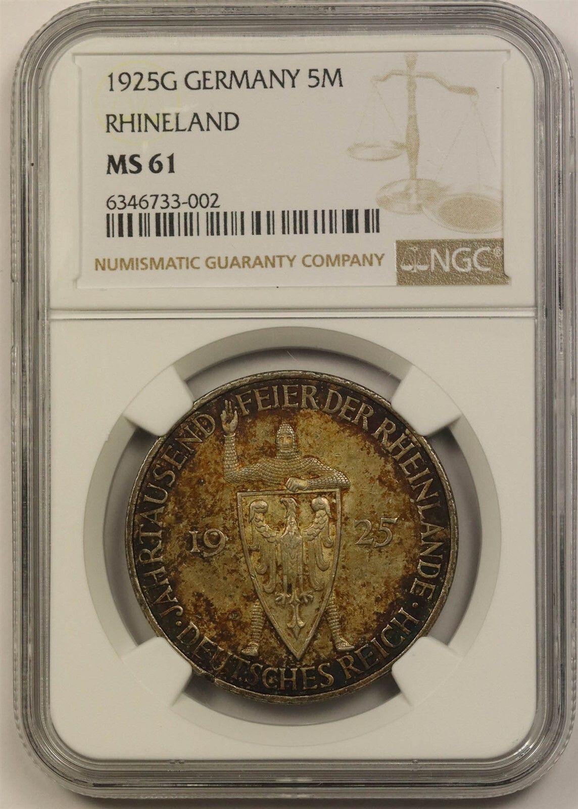 1925G Germany 5M NGC MS 61 (Rhineland) Silver 5 Reichmark