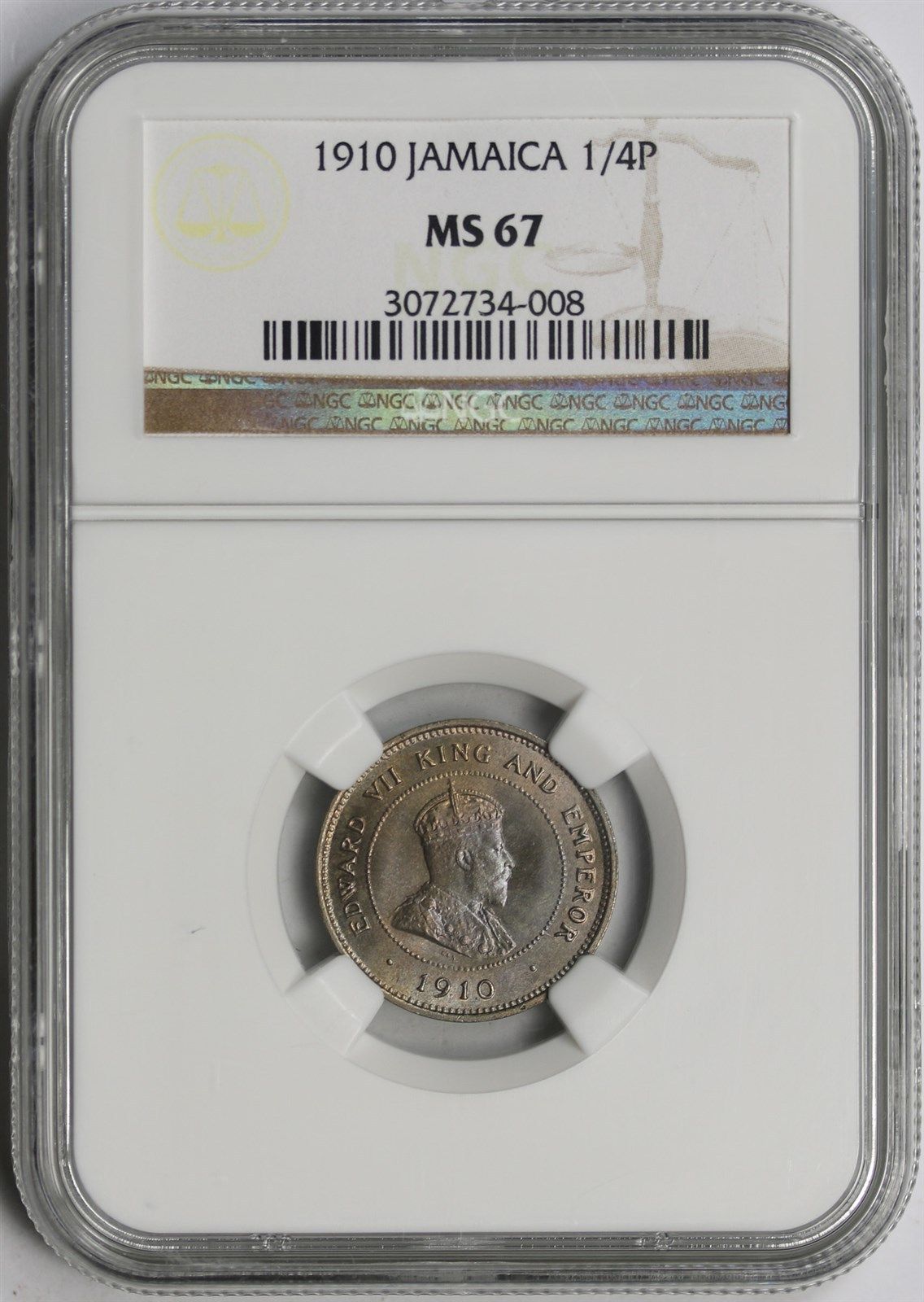 1910 1/4P NGC MS 67 (1/4 Penny) Jamaica