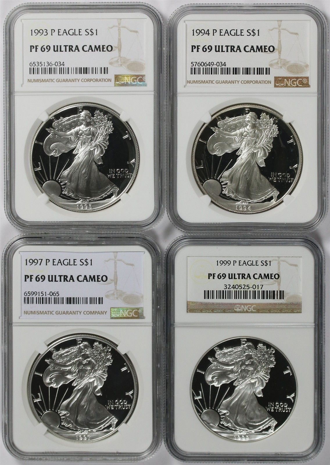 Mix Date Philadelphia Mint Silver Eagle $1 PF 69 UCAM NGC 1 oz Silver (4 Coins)