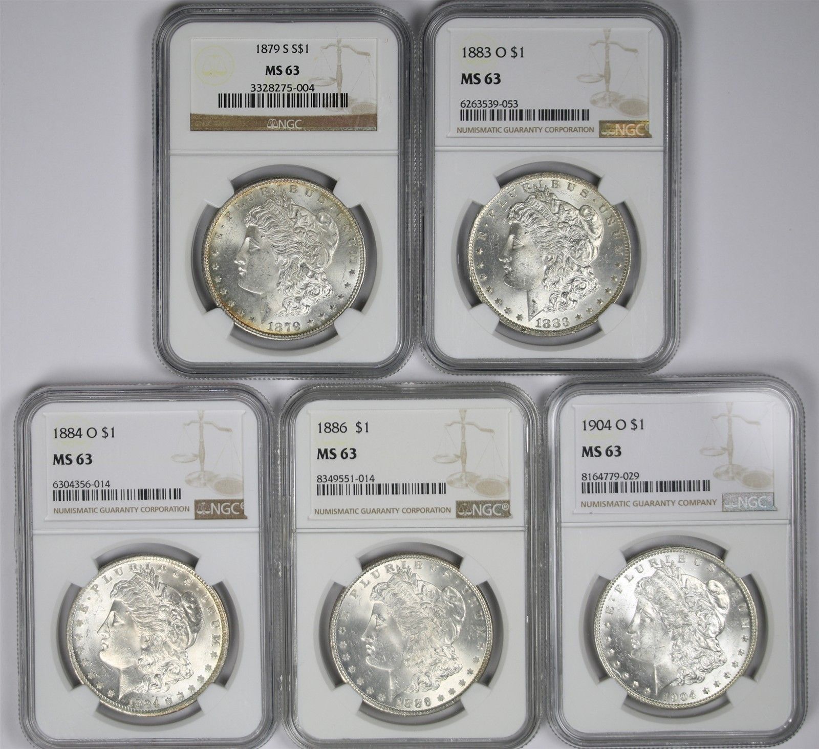 Lot 5 Morgan Silver Dollar $1 Mix Dates NGC MS63 90% Silver 1879-1885 Td